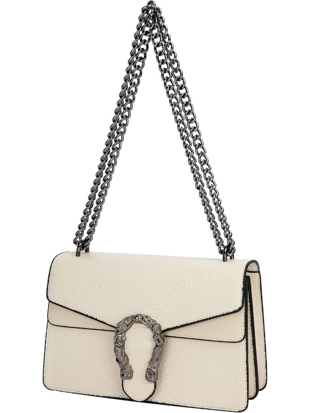 Women's A White Leather Snake Print Vintage Purse Chain Crossbody Bag